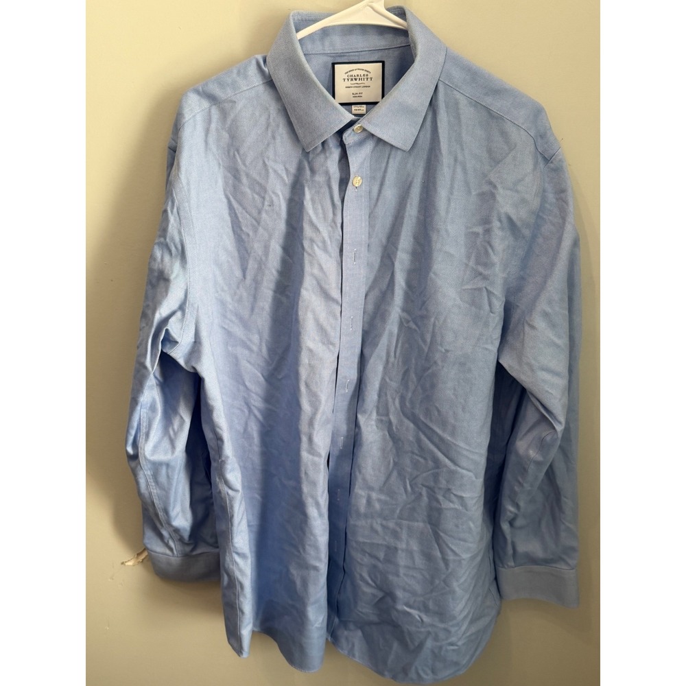 Charles Tyrwhitt Slim Fit Dress Shirt Blue Crosshatch Non Iron 17.5 35 Men's